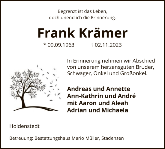 Traueranzeige von Frank Krämer von UEL