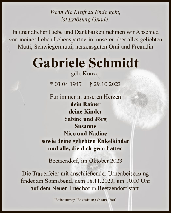 Traueranzeige von Gabriele Schmidt von UEL