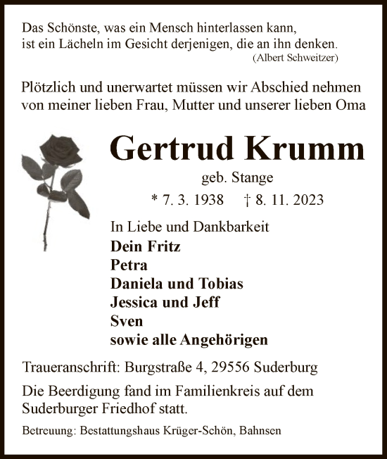 Traueranzeige von Gertrud Krumm von UELUEL