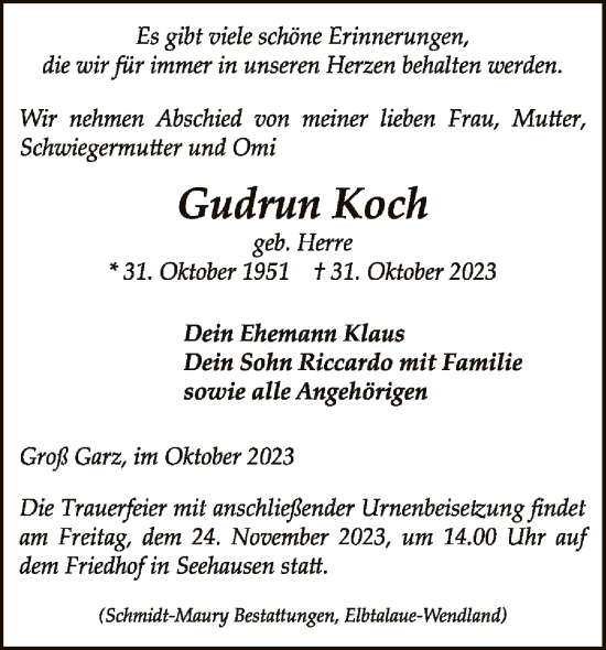 Traueranzeige von Gudrun Koch von UEL