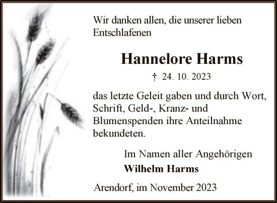 Traueranzeige von Hannelore Harms von UEL