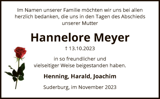 Traueranzeige von Hannelore Meyer von UEL