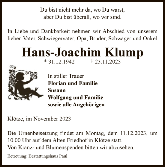 Traueranzeige von Hans-Joachim Klump von UEL