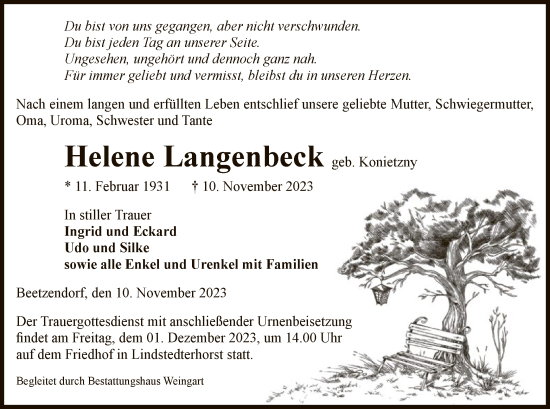 Traueranzeige von Helene Langenbeck von UEL