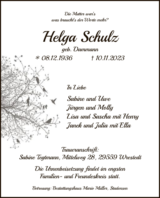 Traueranzeige von Helga Schulz von UEL