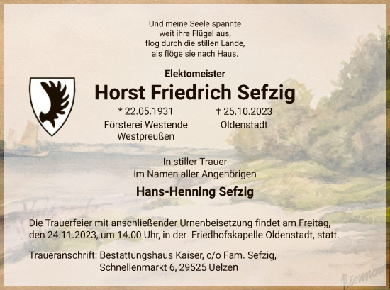 Traueranzeige von Horst Friedrich Sefzig von UEL