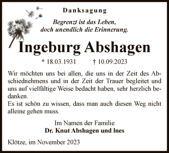 Traueranzeige von Ingeburg Abshagen von UEL