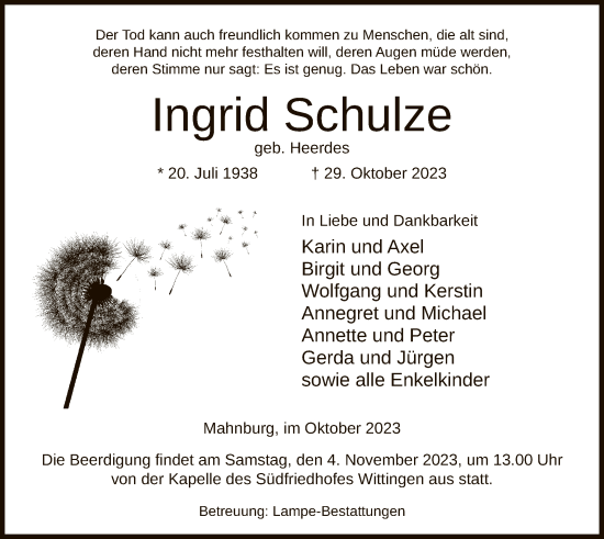 Traueranzeige von Ingrid Schulze von UEL