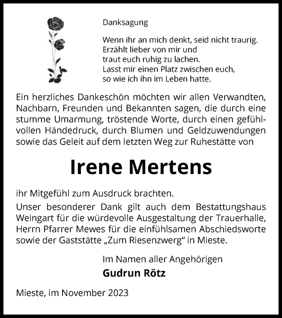 Traueranzeige von Irene Mertens von UEL