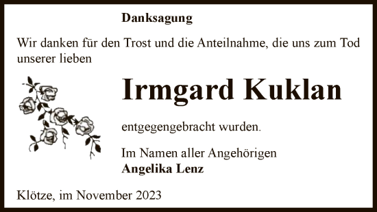 Traueranzeige von Irmgard Kuklan von UEL