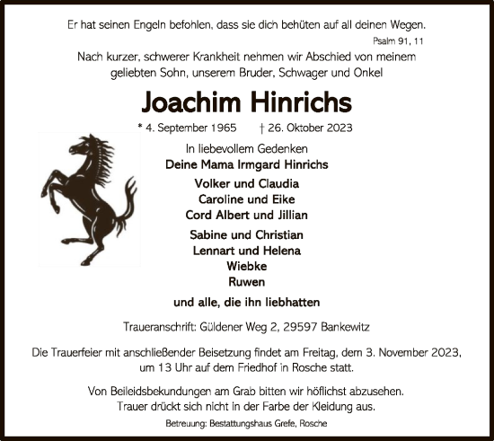 Traueranzeige von Joachim Hinrichs von UEL