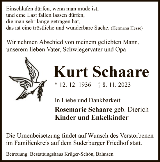 Traueranzeige von Kurt Schaare von UEL