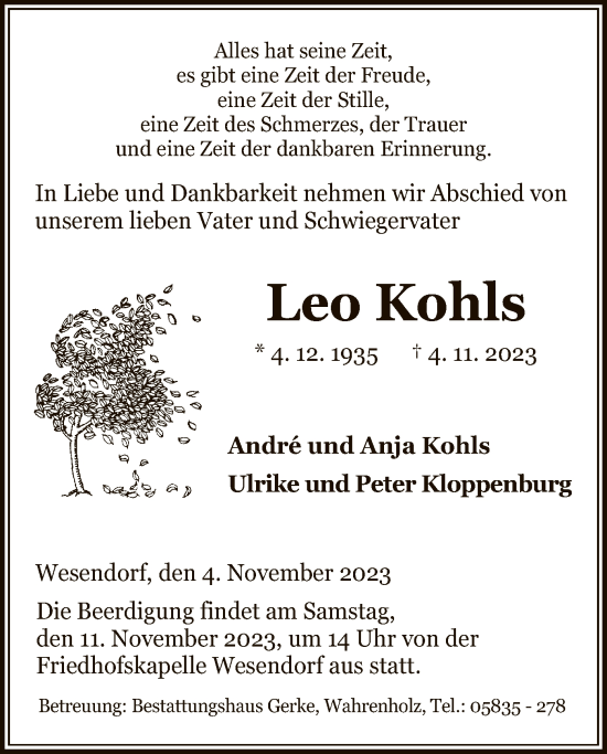 Traueranzeige von Leo Kohls von UEL