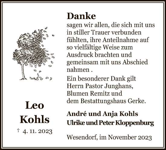 Traueranzeige von Leo Kohls von UEL