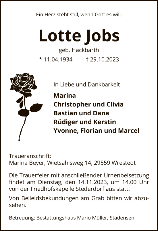 Traueranzeige von Lotte Jobs von UEL