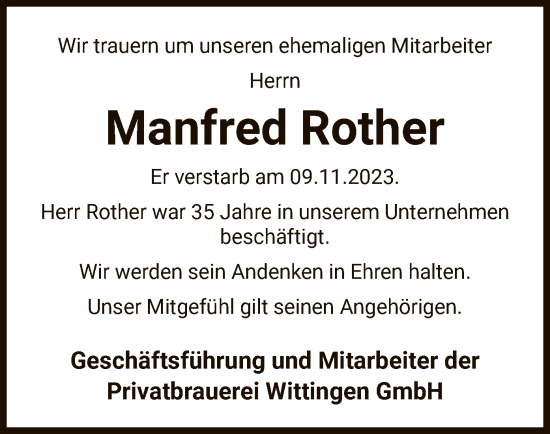 Traueranzeige von Manfred Rother von UEL