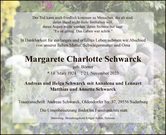 Traueranzeige von Margarete Charlotte Schwarck von UEL