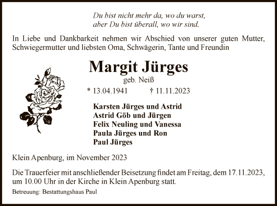 Traueranzeige von Margit Jürges von UEL