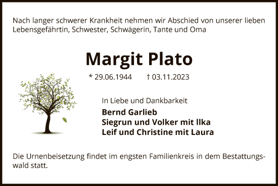 Traueranzeige von Margit Plato von UEL