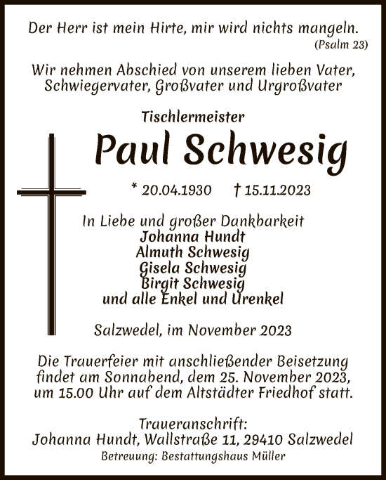 Traueranzeige von Paul Schwesig von UEL