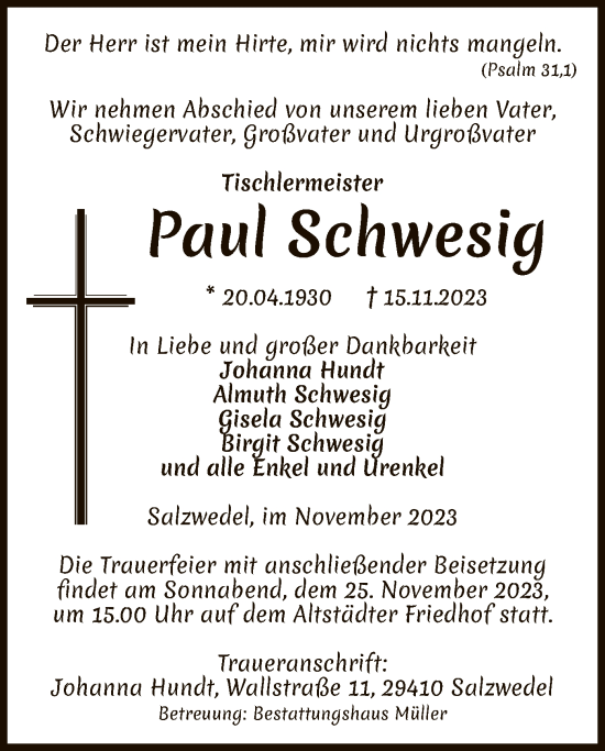 Traueranzeige von Paul Schwesig von UEL