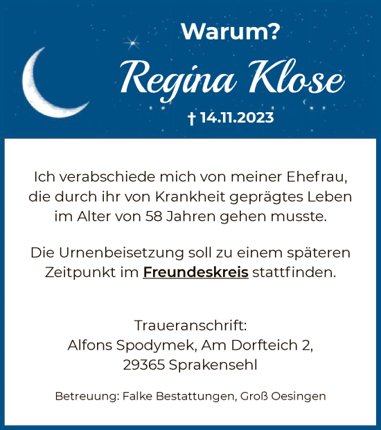 Traueranzeige von Regina Klose von UEL