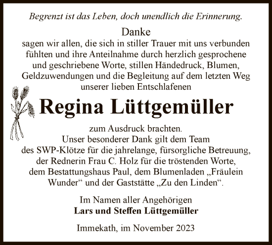 Traueranzeige von Regina Lüttgemüller von UEL