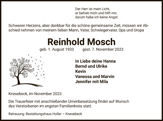 Traueranzeige von Reinhold Mosch von UEL