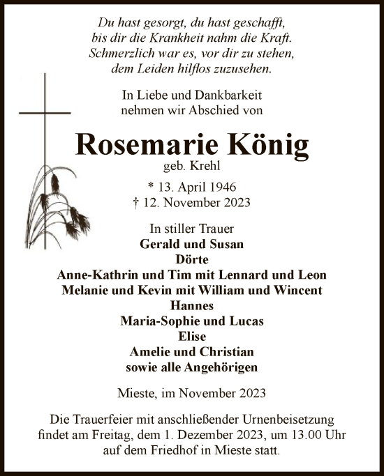 Traueranzeige von Rosemarie König von UEL