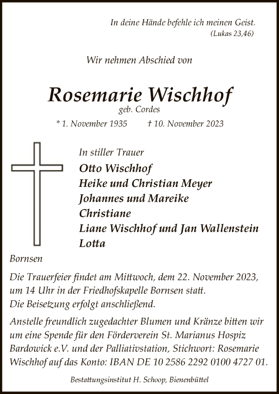 Traueranzeige von Rosemarie Wischhof von UEL