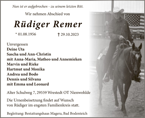 Traueranzeige von Rüdiger Remer von UEL