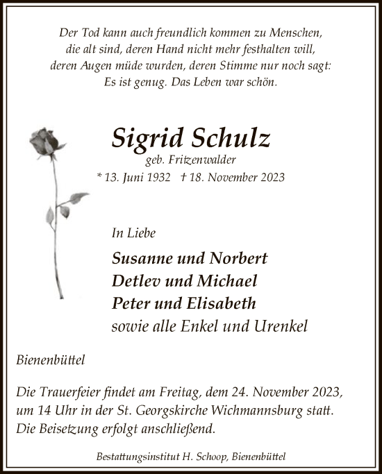 Traueranzeige von Sigrid Schulz von UEL