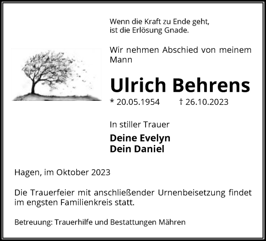 Traueranzeige von Ulrich Behrens von UEL