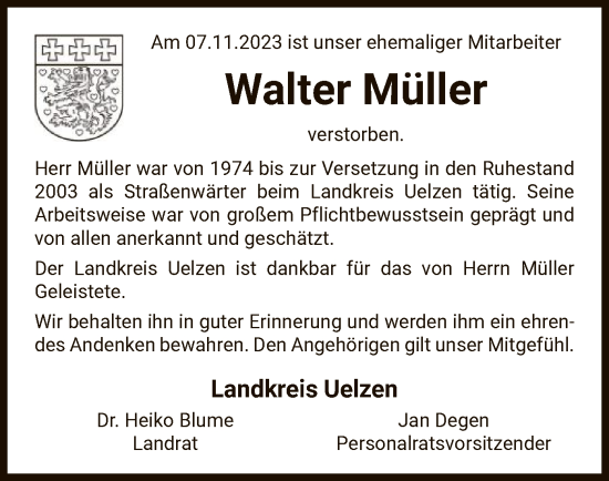 Traueranzeige von Walter Müller von UEL