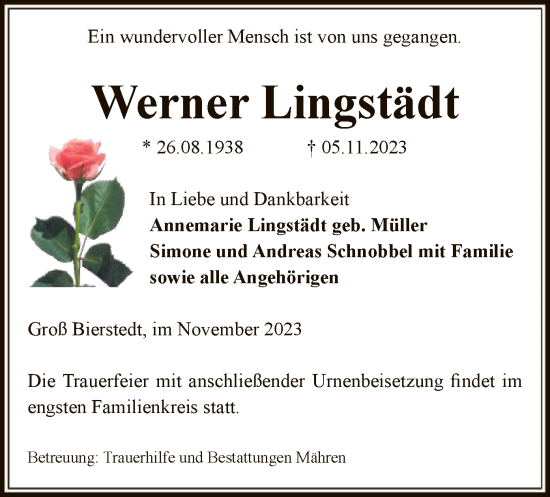 Traueranzeige von Werner Lingstädt von UEL