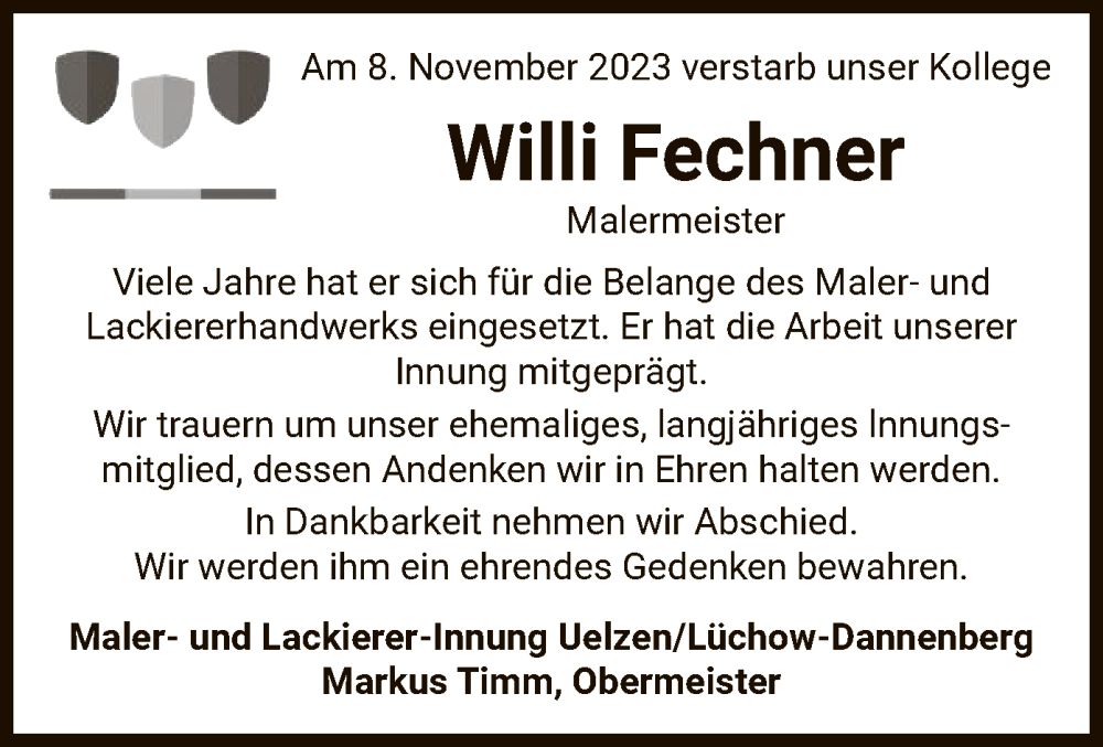  Traueranzeige für Willi Fechner vom 25.11.2023 aus UEL