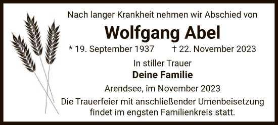 Traueranzeige von Wolfgang Abel von UEL