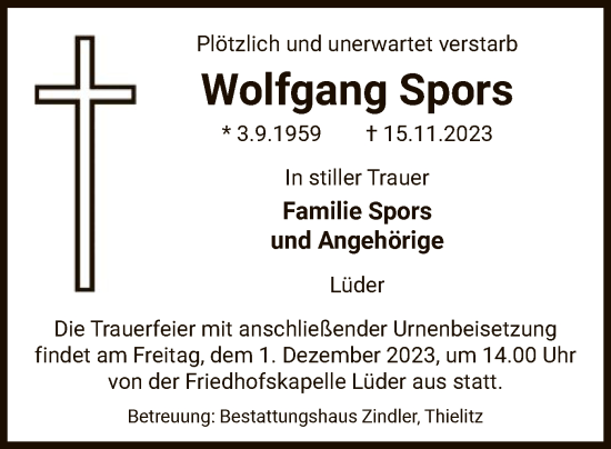 Traueranzeige von Wolfgang Spors von UEL