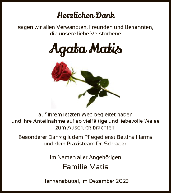 Traueranzeige von Agata Matis von UEL