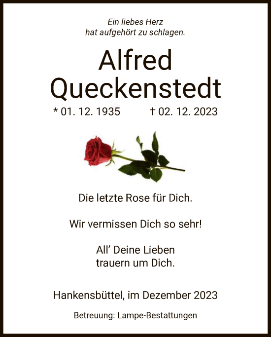 Traueranzeige von Alfred Queckenstedt von UEL