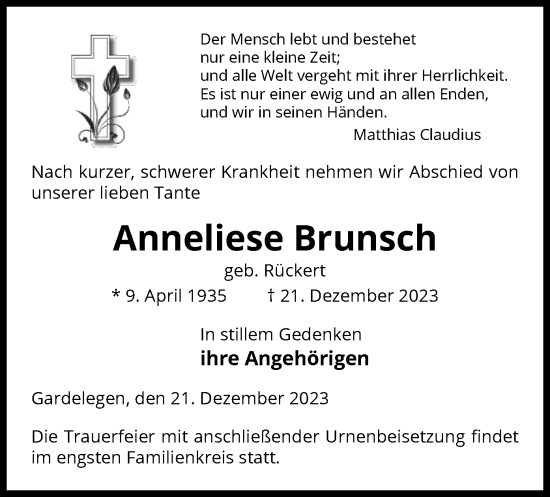 Traueranzeige von Anneliese Brunsch von UEL