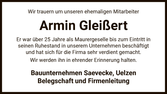 Traueranzeige von Armin Gleißert von UEL