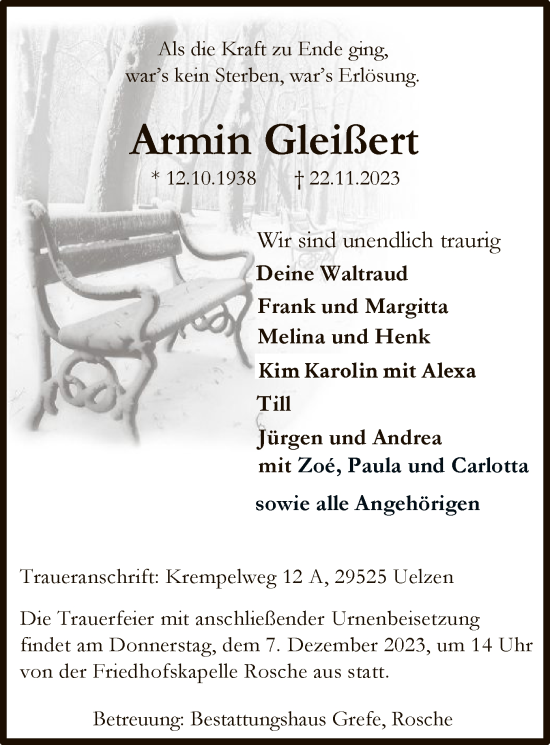 Traueranzeige von Armin Gleißert von UEL