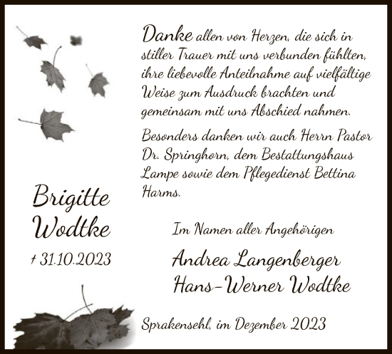 Traueranzeige von Brigitte Wodtke von UEL