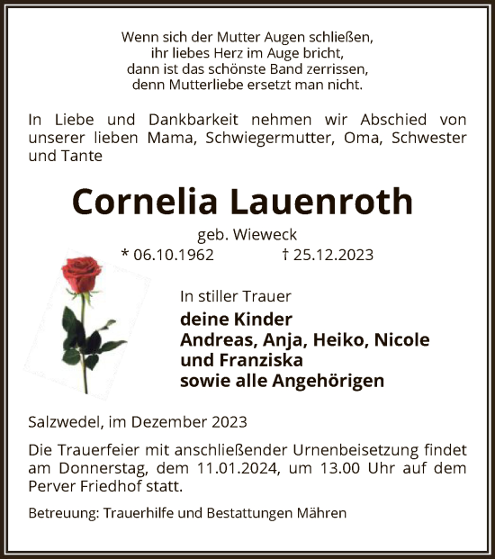 Traueranzeige von Cornelia Lauenroth von UEL