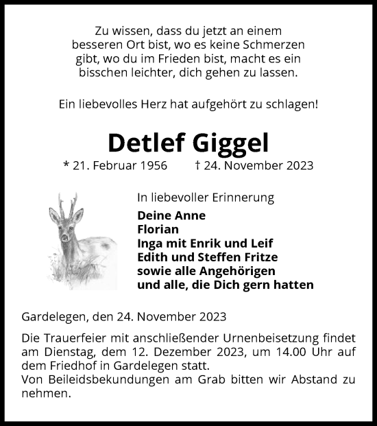 Traueranzeige von Detlef Giggel von UEL