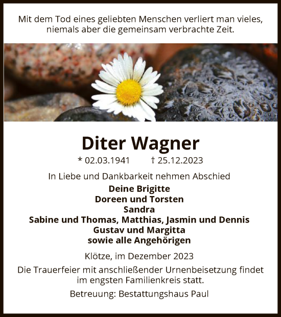 Traueranzeige von Diter Wagner von UEL