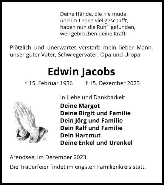 Traueranzeige von Edwin Jacobs von UEL