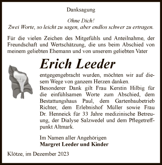 Traueranzeige von Erich Leeder von UEL