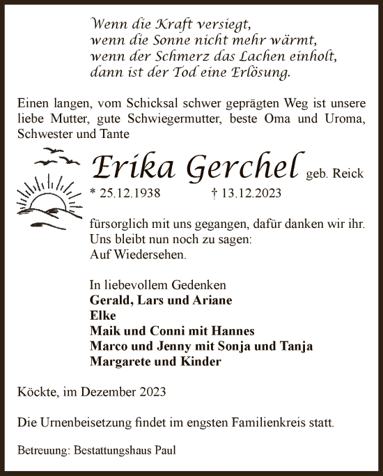 Traueranzeige von Erika Gerchel von UEL